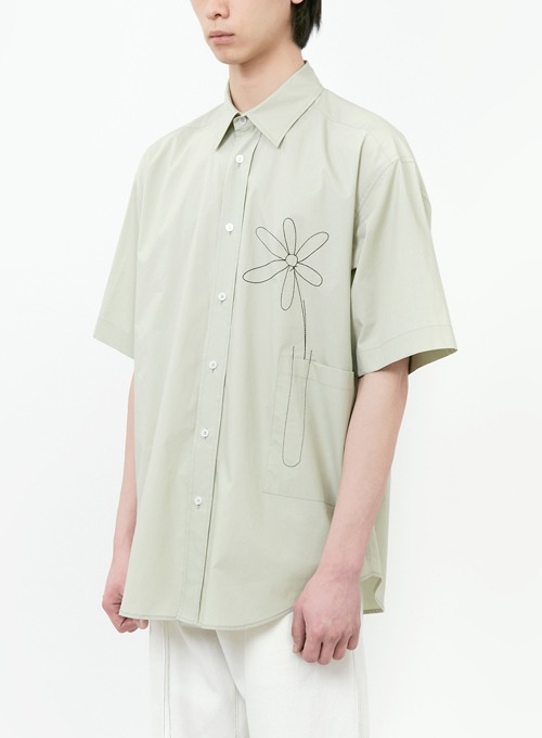 FLOWER EMBROIDERY HALF SLEEVE SHIRTS (OLIVE)